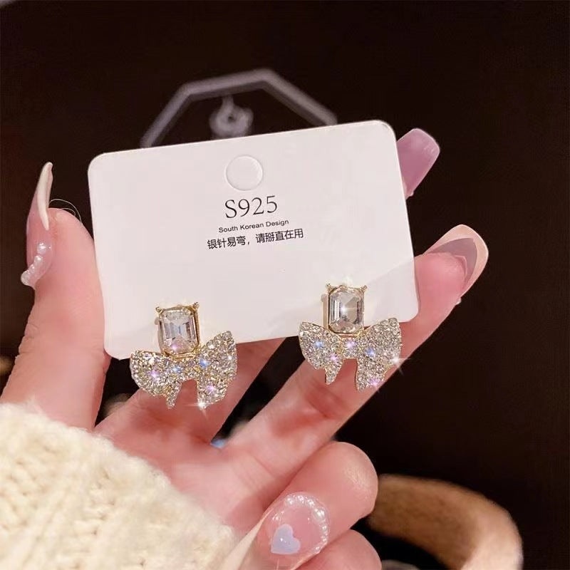 ZJE-165 Sparkling Bow Shape Zircon Korean Earrings- Golden