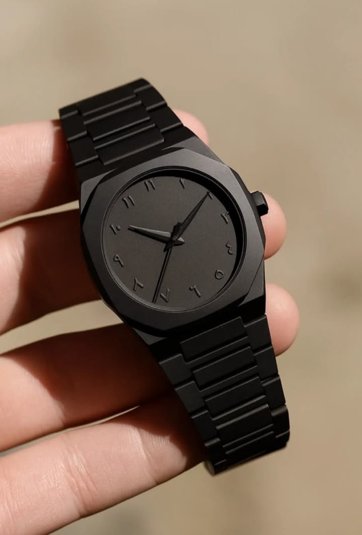 Black Minimalist Analog Wrist Aura Watch With Stainless Steel Strap And Butterfly Lock